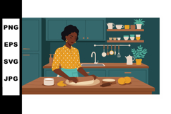 Woman baking bread in kitchen with teal cabinets and yellow Product Image 1