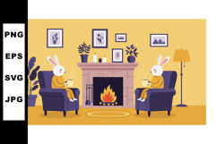 Two rabbits drinking hot tea by fireplace in cozy living roo Product Image 1
