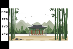 Traditional Asian Pavilion with Bamboo Forest and Mountain L Product Image 1