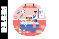 Dog Grooming Bathing Illustration with Bubbles and Groomer i Product Image 1