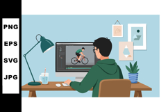 Man designing bicycle animation on computer screen in home o Product Image 1
