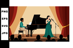 Woman singing with pianist on stage in elegant green dress c Product Image 1