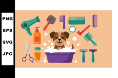Dog grooming tools and happy puppy bathing illustration with Product Image 1