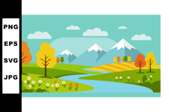 Landscape with River Mountains Autumn Trees and Flowers Natu Product Image 1