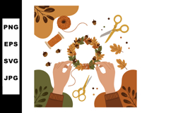 Autumn wreath crafting with brown leaves and acorns handmade Product Image 1
