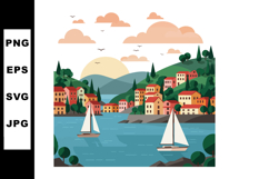 Coastal town landscape with sailboats on blue water and gree Product Image 1