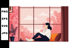 Woman Sitting by Window Relaxing with Coffee in Cozy Pink Li Product Image 1
