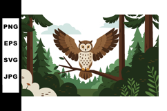 Owl spreading wings on branch in green forest wildlife natur Product Image 1