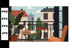 Cozy balcony with plants and book overlooking urban building Product Image 1