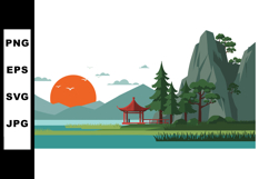 Sunset landscape with traditional pavilion and pine trees ne Product Image 1