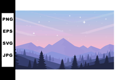 Mountain landscape at dawn with pine trees and starry sky in Product Image 1