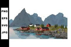 Fishing village with red houses near rocky shore and mountai Product Image 1