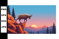 Mountain goat standing on rocky cliff during sunset with pin Product Image 1
