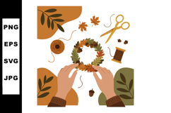 Autumn Wreath Making Craft with Hands Scissors and Leaves in Product Image 1