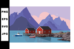 Red Fishing Cabins by Calm Blue Water with Purple Mountains Product Image 1
