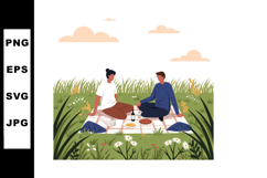 Couple enjoying picnic outdoors in grassy field with flowers Product Image 1