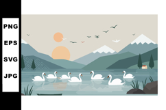 Swans swimming on lake with mountains and pine trees landsca Product Image 1