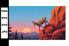 Mountain goat standing on rocky cliff during sunset with pin Product Image 1