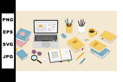 Workspace with laptop open book coffee and stationery items Product Image 1
