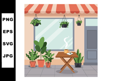 Outdoor cafe table with steaming coffee cup and green potted Product Image 1