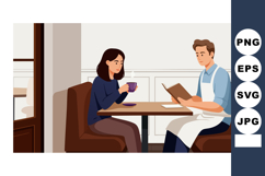 Man Reading Menu and Woman Drinking Coffee at Cafe Table Ind Product Image 1