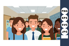 Group of diverse smiling students in school hallway with loc Product Image 1