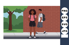 Teenagers standing outdoors near brick wall and tree in casu Product Image 1