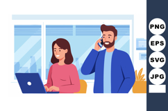Man Talking on Phone and Woman Working on Laptop in Office S Product Image 1
