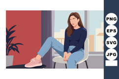 Woman sitting in chair wearing pink sneakers and blue outfit Product Image 1