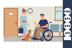 Man in wheelchair interacting with woman and dog in hospital Product Image 1