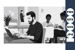 Young man working on laptop in modern coworking space with d Product Image 1