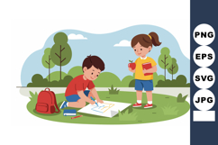 Children Learning Outdoors with Books and Drawing in Park Gr Product Image 1