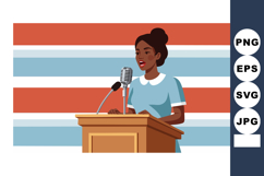 Woman speaking at podium with microphone in retro striped ba Product Image 1