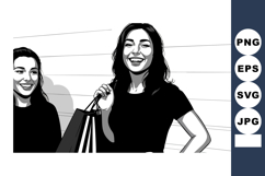 Smiling women shopping holding bags black and white vector i Product Image 1