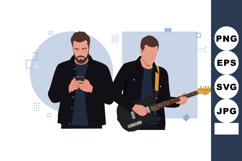 Two men using smartphone and playing electric guitar casual Product Image 1