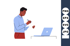 Businessman Taking Notes While Standing Next to Laptop Compu Product Image 1