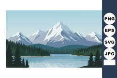 Snowy mountain landscape with pine forest and reflective lak Product Image 1