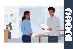 Man Interviewing Woman in Office Setting with Documents and Product Image 1