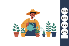 Gardener Watering Plants in Colorful Pots Vector Illustratio Product Image 1