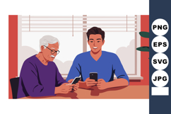 Grandfather and grandson using smartphones at home in casual Product Image 1