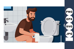 Man Sitting on Toilet Holding Toilet Paper in Bathroom Vecto Product Image 1