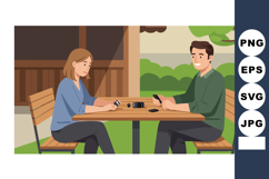 Young man and woman using smartphone and key fob at outdoor Product Image 1