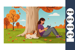 Woman Reading Book Under Big Tree with Dog in Autumn Park Re Product Image 1