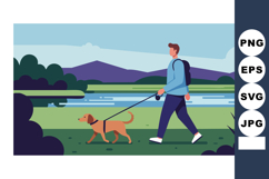 Man walking dog near lake with mountains and greenery outdoo Product Image 1