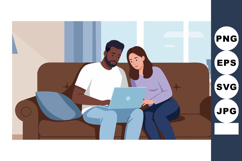 Couple Using Laptop Together Sitting on Brown Sofa in Home I Product Image 1
