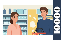 Young man and woman shopping in grocery store with shelves a Product Image 1