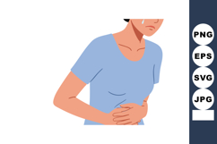 Woman experiencing stomach pain holding abdomen in light blu Product Image 1
