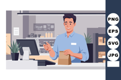 Male cashier packing items at store counter smiling in retai Product Image 1