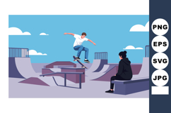 Skateboarder performing trick at skatepark with spectator wa Product Image 1