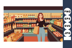 Woman shopping in grocery store with full shelves and shoppi Product Image 1